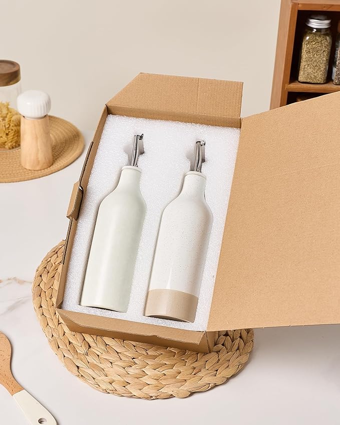 famiware Milkyway 16oz Ceramic Olive Oil Dispenser Bottle, Olive Oil and Vinegar Dispenser Bottle Set of 2 with Stainless Steel Pourers, for Storage Vinegar, Soy Sauce, Matte Beige White & White