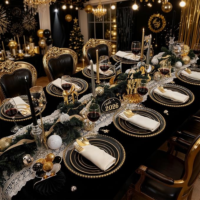 WDF 200PCS Black and Gold Plastic Plates - Black Plates Disposable for Party - Heavy Duty Plastic Plate for Graduation Wedding Party Birthday