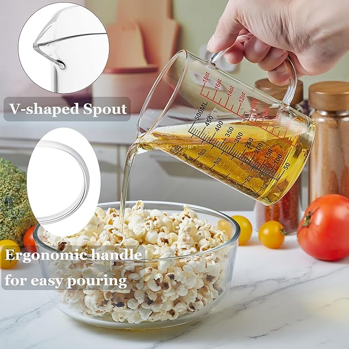 Glass Measuring Cup-[Insulated handle | V-Shaped Spout]-Made of High Borosilicate Glass Measuring Cup for Kitchen or Restaurant, Easy to Read, 500 ML (16 Oz, 2 Cup)
