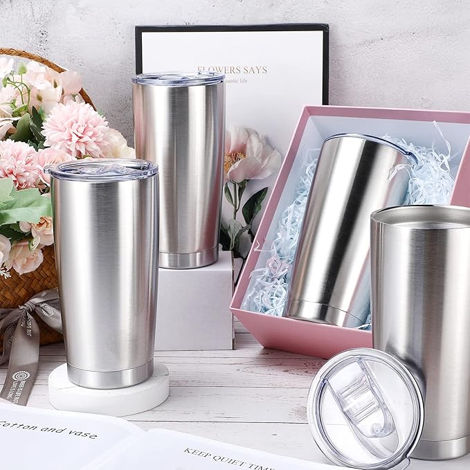 Sieral 36 Pack Stainless Steel Tumblers Bulk with Lids Double Wall Vacuum Insulated Coffee Cups Blank leakproof Powder Coated Tumblers for Engraving Wedding Graduation Party Favors(20 oz,Silver)