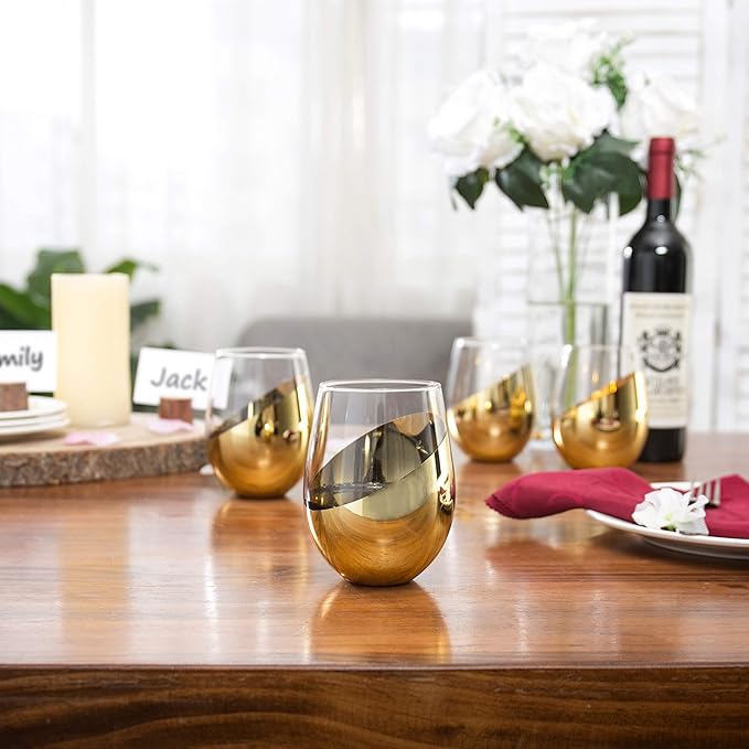 MyGift Luxury Stemless Wine Glasses Gift Set of 4 Modern Brass Accent Barware, Elegant Red Wine Glasses for Anniversary & Wedding Gifts