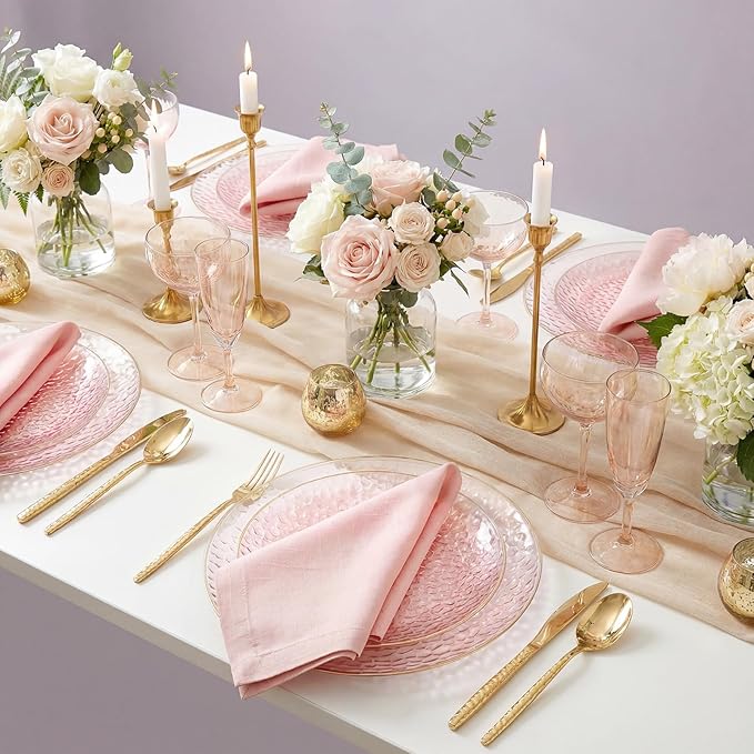 Rubtlamp 60PCS Pink Plastic Plates, Disposable Pink Easter Plates with Hammered Design, Heavy Duty Plastic Platos Fancy Party Platos Include 30 Dessert Plate & 30 Dinner Plate for Bridal Wedding