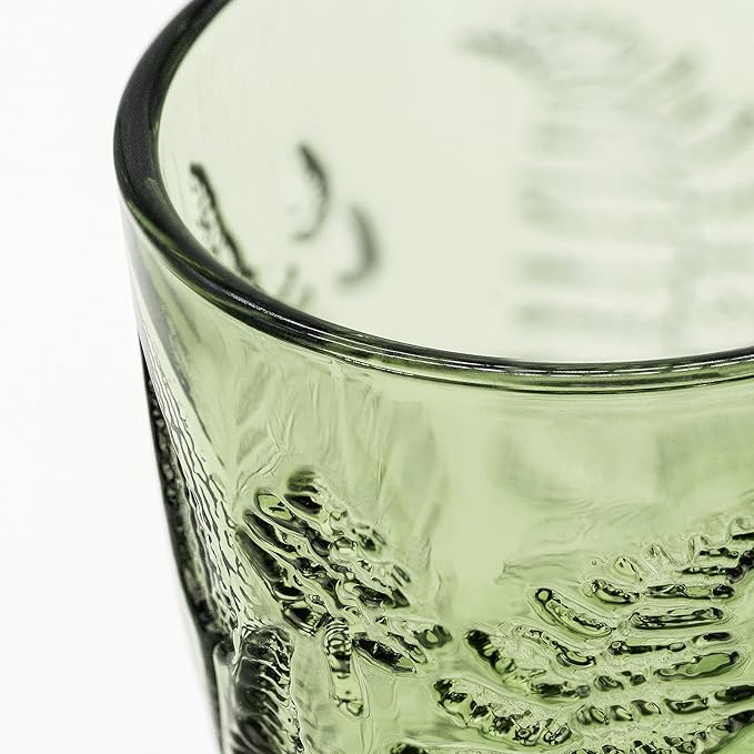 Green Stemmed Goblet, Hand-Pressed Fern Embossed Textured Glass for Water, Cocktails & Wine, Retro Boho Colored Stemware, Decorative Bar Drinkware for Kitchen Dining Table, Unique Botanical Style Gift