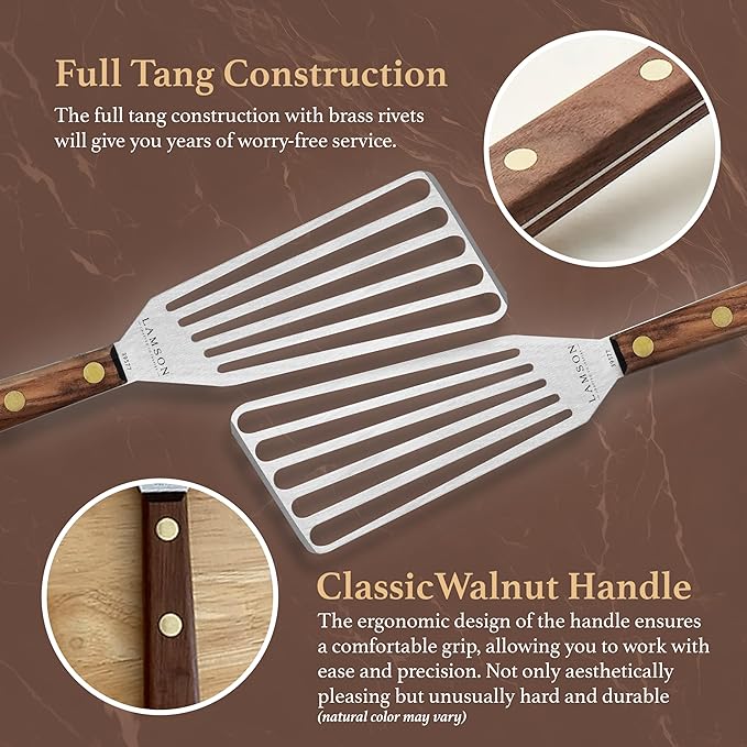 Lamson Metal Spatula Slotted Turner - 3' x 6" Stainless Flipper with Walnut Handle, Left-Hand - Chef's Frying Fish Turner, Metal Grilling Spatula