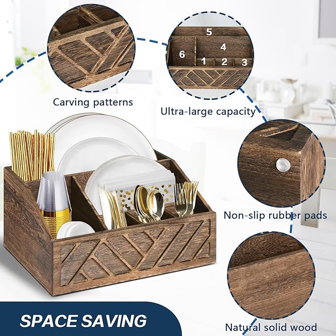 Paper Plate Dispenser, Paper Plate Holder for Kitchen Counter, Wood Rustic Silverware Utensil Caddy, Cutlery Flatware Organizer Box for Cups Spoons Forks Plates Napkins, Kitchen Accessories