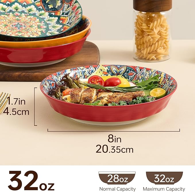 Ceramic Pasta Bowls Set of 6-8 inch 32 oz Serving Bowls, Colorful Dinner Bowls for Soup,Salad, and Pasta, Kitchen, Microwave, Dishwasher Safe, mexican, Bohemian Style