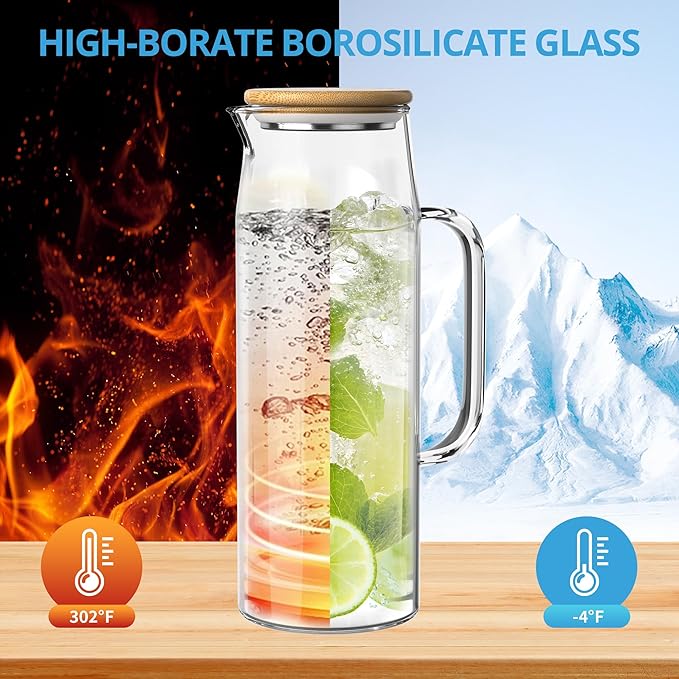 3 Sets Glass Pitcher with Lid, 50 oz / 1500 ml Water Carafe with Handles Hot Cold Beverage Water Jar Glass Jug (Bamboo lid)