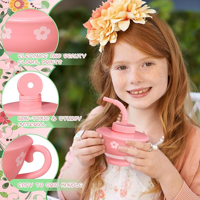 Zhehao 12 Pieces Plastic Tea Cups with Lids and Straws for Kids Tea Party 9 oz Reusable Disposable Party Teacups Bulk for Spring Birthday Baby Shower Princess Decorations