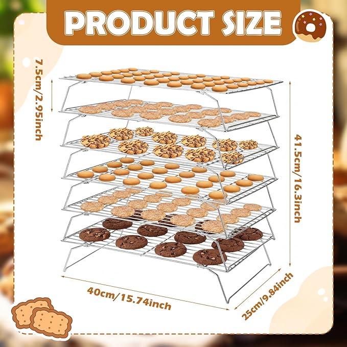 6 Tier Silver Stackable Cooling Rack 15.7" x 9.85" Foldable Baking Rack Collapsible Low Carbon Steel Wire Large Capacity Roasting Baking Gifts for Women Roasting Grilling Silver