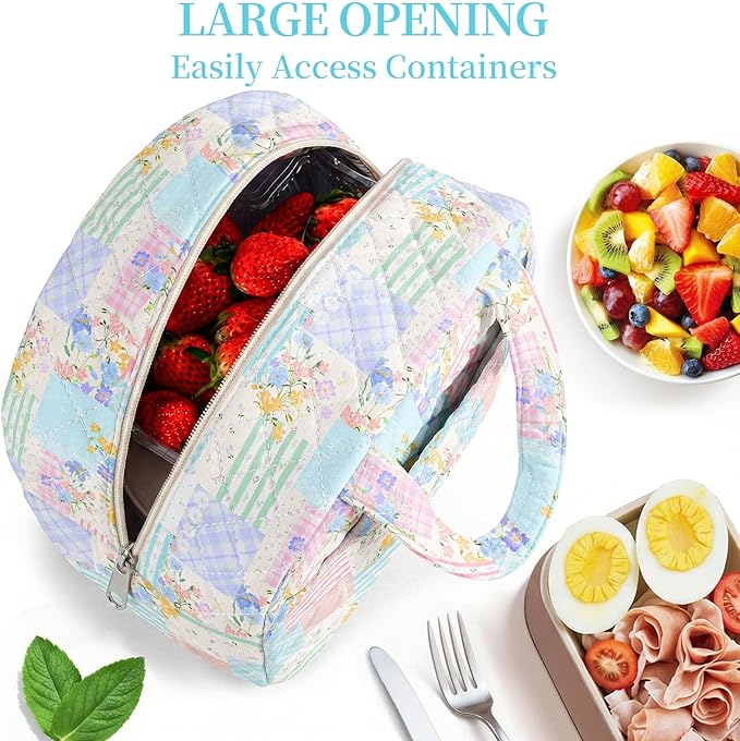 Quilted Lunch Box for Women,Coquette Aesthetic Lunch Box for Teen Girls,Cute Floral Lunch Bags for Work, School,Office,Picnic,Travel (Colorful Patchwork)