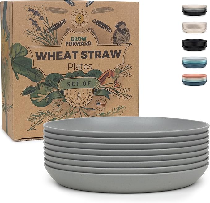 Grow Forward Premium Wheat Straw Plates - 8 Inch Reusable Hard Plastic Dinner Plates Set of 8 - Unbreakable Microwave Safe Plates for Dessert, Camping, RV, Outdoors, Patio, Kitchen Dishes - Feather