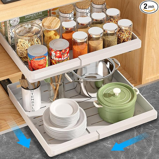 2 Pack Pull Out Cabinet Organizers Expandable (13''-19''), Plastic Slide Out Drawers for Kitchen, Bathroom, Pantry, Under Sink Storage, Pull Out Drawers Fixed with Adhesive Nano Film (White)