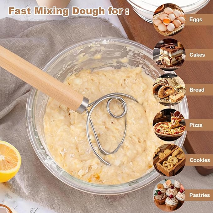 2 Pack 13-Inch Danish Dough Whisk with Dough Scraper, Premium Stainless Steel Bread Whisk Mixer with Ergonomic Wooden Grip, Ideal for Sourdough, Pizza Dough & Pastry Making