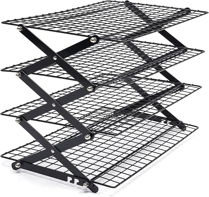4-Tier Collapsible Cooling Rack, Adjustable Stackable Roasting Cooking Drying Wire, Barbecue Storage Display Shelf for Cookies Baking Picnic Party