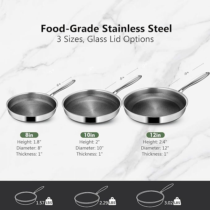 Non Stick Frying Pans, 8-inch Hybrid Frying Pans Nonstick Stainless Steel Skillets, Dishwasher & Oven-Safe, Stay-Cool Handle, PFOA Free Cookware, Compatible with All Cooktops