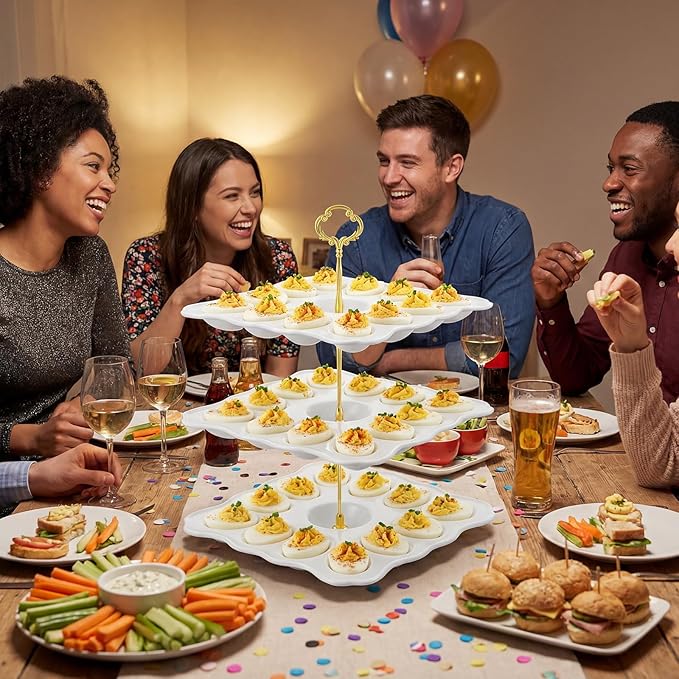 3 Tier Easter Ceramic Deviled Egg Platter 36 Hole Square Deviled Egg Tray Contain Detachable Eggs Holder Tower Easter Party Food Container for Kitchen Countertop Dishwasher Freezer Wedding Tea Party