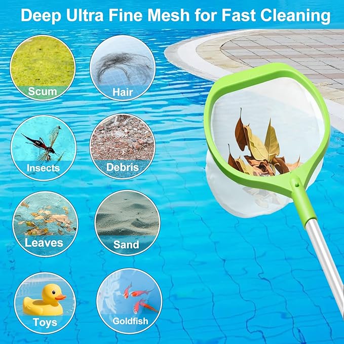 Hot Tub Skimmer Net with 26" Aluminum Handheld Pole, Deep Ultra Fine Mesh Bag for Fast Debris Removal, Small Pool Net for Cleaning Spas, Hot Tubs, Ponds & Kids Inflatable Pools, Green