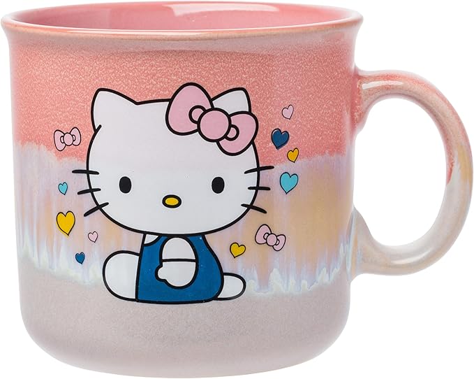 Silver Buffalo Sanrio Hello Kitty Sitting Hearts and Bows Reactive Glaze Ceramic Camper Mug, 20 Ounces