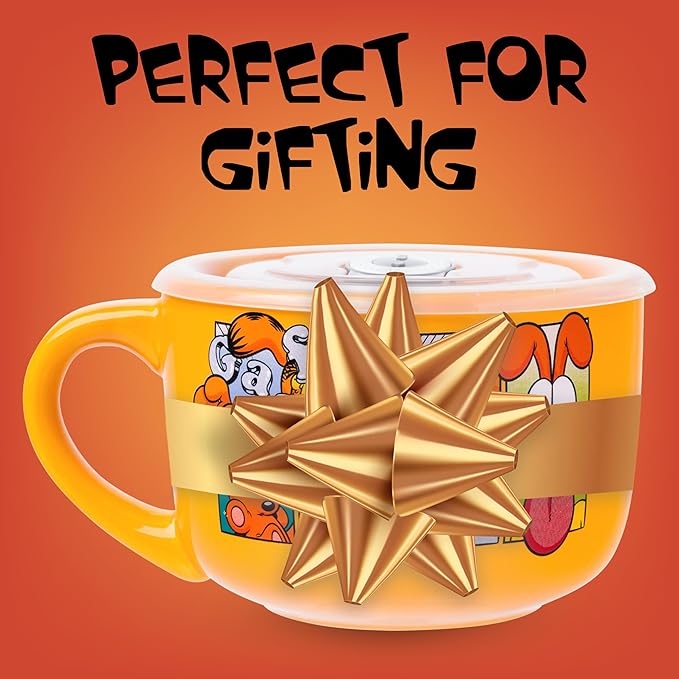 Silver Buffalo Garfield Never Trust a Smiling Cat Featuring Odie, Arlene, Nermal, and Pooky Ceramic Soup Mug with Vented Plastic Lid, 24 Ounces