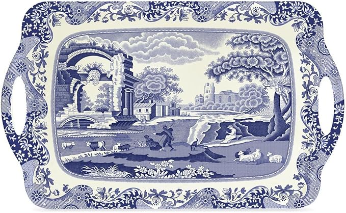 Pimpernel Spode Blue Italian Collection Large Handled Tray | Serving Tray for Lunch, Coffee, or Breakfast | Made of Melamine for Indoor and Outdoor use | Measures 18.9" x 11.6" | Dishwasher Safe