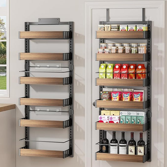 6 Tier Over The Door Pantry Organizer, 2-in-1 Door Hanging or Wall Mounted Spice Rack, Large Heavy Duty Pantry Door Storage Seasoning Shelves with Adjustable Basket for Kitchen Bathroom Closet