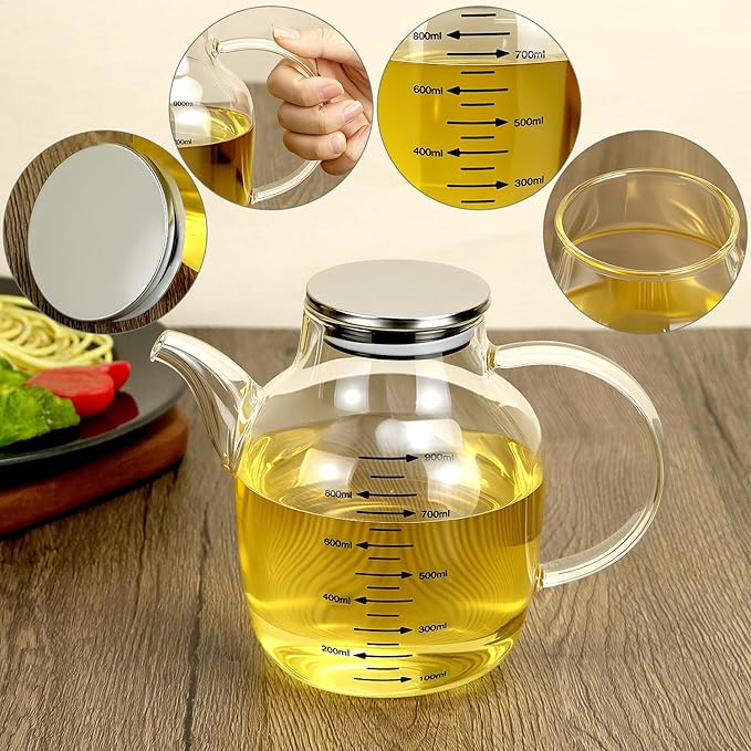 QWORK 900ML/30Oz Large Glass Cooking Oil Bottle with Stainless Steel Lid, Oil & Vinegar Dispenser Bottle, Kitchen No Drip Liquid Container