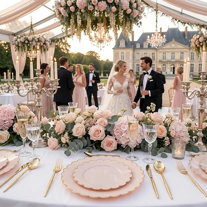 LIYH 60 Pcs Pink Plastic Plates with Gold Pink Plates Disposable Plate Includes 30 Dinner 10.25" and 30 Dessert Plate 7.5" for Easter,Baby Shower,Weddings,Parties,Birthday