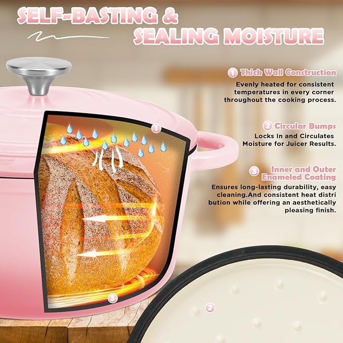 Enameled Cast Iron Dutch Oven Pot with Lid, Incl. Sourdough Bread Baking Supplies Like Banneton Bread Proofing Basket, Starter Jar, Scoring Tool Lame, 5QT Dutch Oven for Bread Baking, Oven Safe up to 500°F