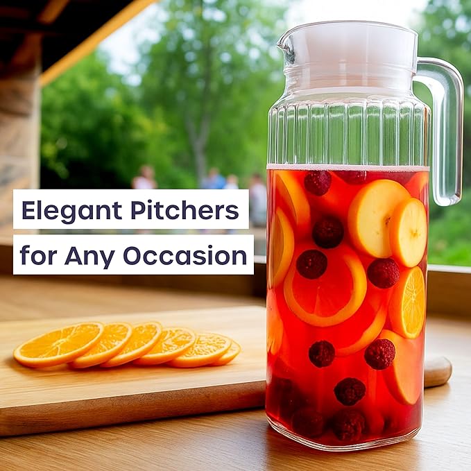 Glass Pitcher with Lid – 2 Pack 55 oz Glass Water Pitcher, Iced Tea Pitcher with Handle, Ribbed Juice Container for Fridge, Glass Beverage Container for Lemonade, Milk, Drinks