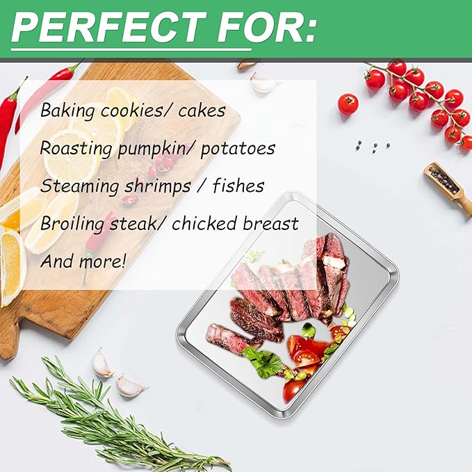 10.4 Inch Baking Sheet Pan, Joyfair Stainless Steel Cookie Sheet Toaster Oven Tray, Professional Bakeware for Cookie/Bacon/Bread, Rolled Rim & Mirror Finish, Rust Resistant & Dishwasher Safe