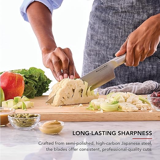 KitchenAid 3 Piece Forged Chef Knife Set High Carbon Japanese Steel, Includes 8 Inch Chef Knife, 5 Inch Santoku Knife, and 3.5 Inch Paring Knife with Blade Covers