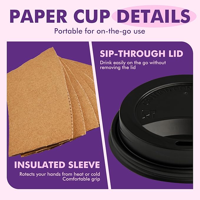 12 oz 50 Pack Black Disposable Paper Coffee Cups with Lids, Sleeves and Straws, Disposable Hot Cups for Coffee, Tea, Cocoa, Water