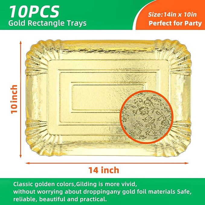 10 PCS Gold Rectangle Trays, Heavy Duty Disposable Paper Cardboard for Platters, for Elegant Dessert Table Serving Parties, Cupcake Display, Birthday Party, Christmas, Weddings