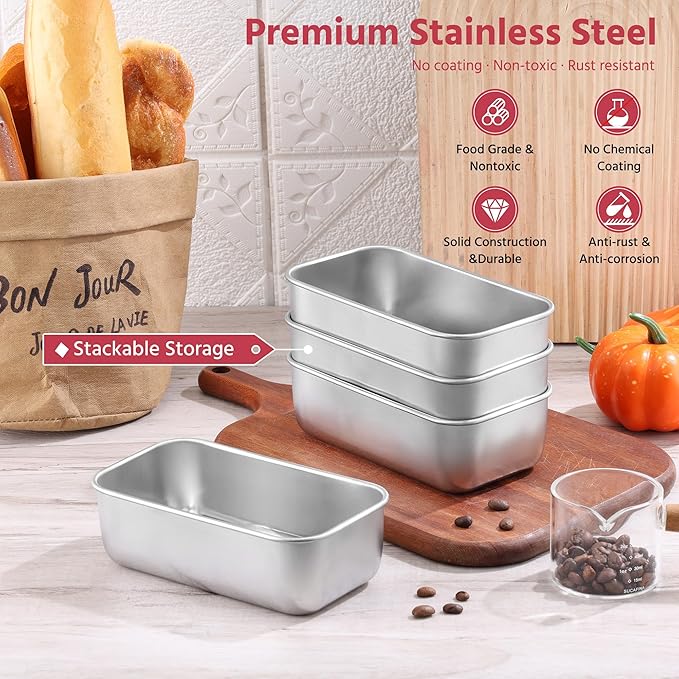 E-far Mini Loaf Pan Set of 4, Small Stainless Steel Bread Baking Pans for Oven, 6.3 x 3.5 Inch Tiny Meatloaf Pans for Homemade Bread Pound Cake Brownies, Non-toxic & Dishwasher Safe