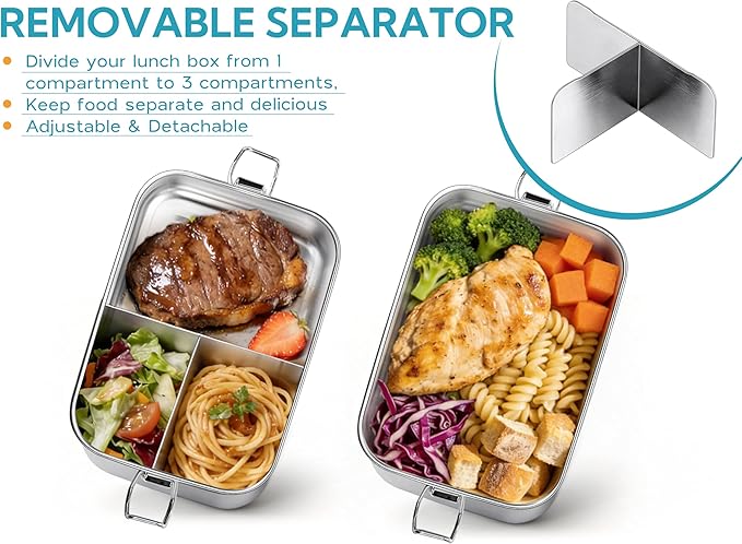 E-far Stainless Steel Lunch Box, 49oz Metal Bento Box Lunchbox w/Leak Proof Lid, 1400ml Medium Food Container w/Removable Divider & Bag, Reusable 3-Compartment Bento Lunch Container for Camping Picnic