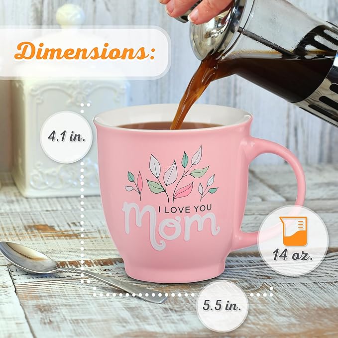 Christian Art Gifts Large Ceramic Inspirational Scripture Coffee & Tea Mug for Mothers: I Love You Mom, Microwave/Dishwasher Safe, Cute Encouraging Drinkware Cup for Women, White/Pink Floral, 14 oz.