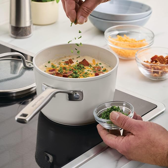 KitchenAid Hard Anodized Ceramic Induction Nonstick Cookware Saucepan with Lid, Dishwasher Safe, 2 Quart Non Stick Sauce Pan with Stainless Steel Handle - Porcelain White