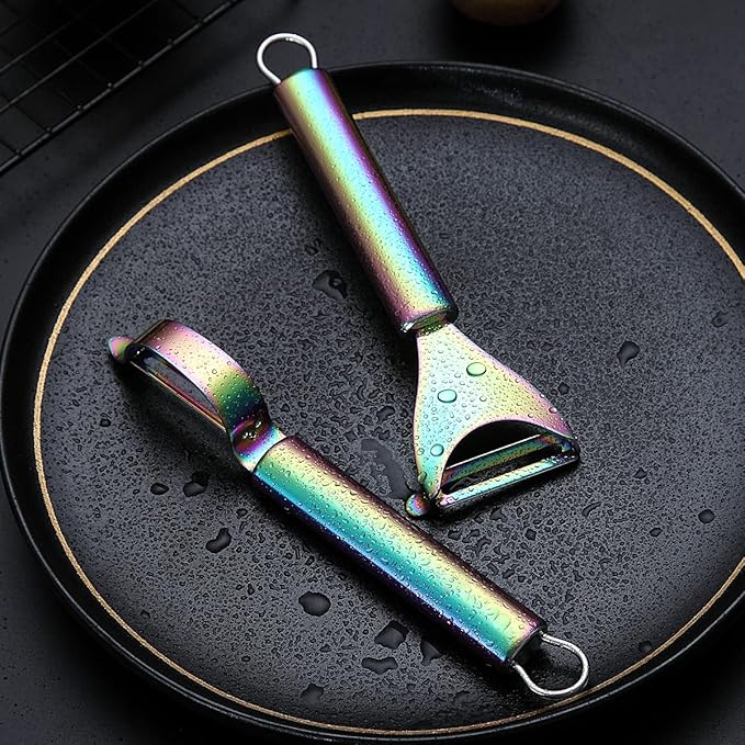 Rainbow Potato Vegetable And Fruit Peelers For Kitchen, Kyraton Titanium Colorful Plating Stainless Steel Peelers, Sharp Blade And Ergonomic Non Slip Easy To Grip Set Of 2