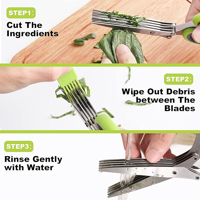 LUVCOSY Herb Scissors, Premium Stainless Steel 5 Blade Kitchen Salad Scissors Dishwasher Safe, Sharp and Convenient 5 Blade with Safety Cover, Herb Stripping Tool and Cleaning Comb