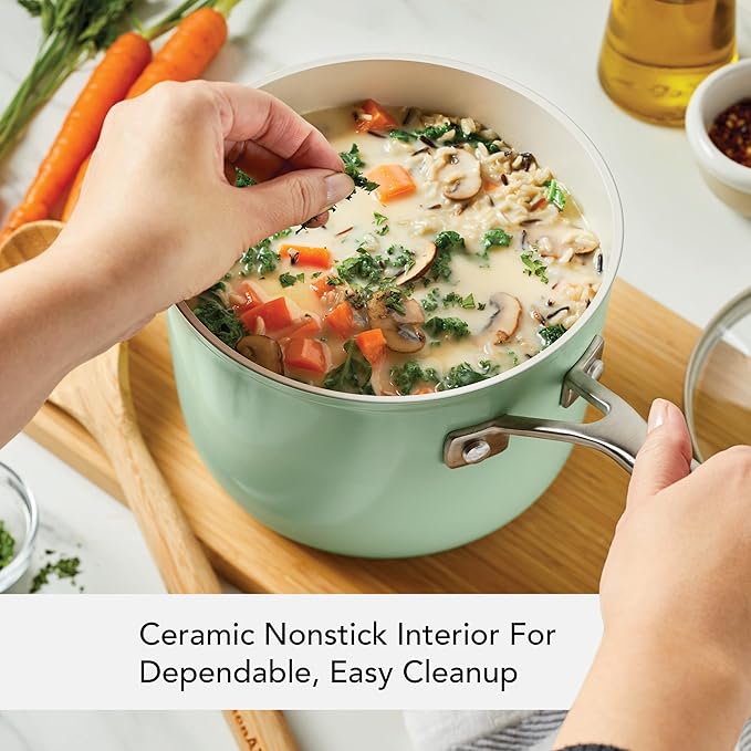 KitchenAid Hard Anodized Ceramic Nonstick Cookware Sauce Pan with Lid, 3 Quart - Pistachio