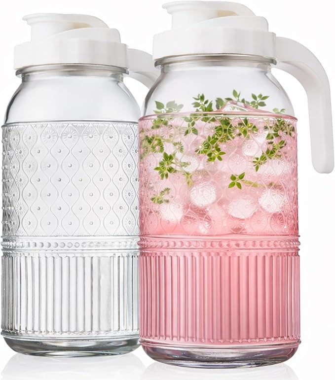Glass Pitchers Set of 2 – Mason Jar Style Pitcher with Handle & Lid, 64 oz Water Jug for Juice, Iced Tea, Cold Brew, Water, Vintage Claro Collection Kitchen Décor