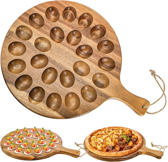 Okllen 24 Holes Round Acacia Wood Deviled Egg Platter with Handle, Deviled Egg Tray Holder for Easter, Gathering, Thanksgiving & Parties