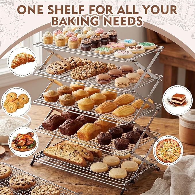 Novabright Cooling Rack for Baking, 5-Tier 16" x 10" Collapsible Stackable Food Grade Stainless Steel Wire Rack for Cookies, Cake, Bread, Pizza, Kitchen Countertop Space Saving