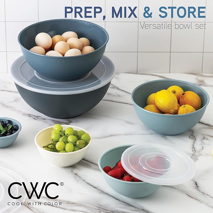 COOK WITH COLOR Mixing Bowls with Lids - 12 Piece Plastic Nesting Bowls Set includes 6 Prep Bowls and 6 Lids, Microwave Safe Mixing Bowl Set, Blue Ombre