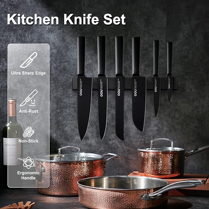 OOU Knife Set with Block and Sharpener, 6 Pcs High Carbon German Steel Kitchen Knife Block Set, Dishwasher Safe Knife Set for Small Kitchen, Space-Saving, Anti-Rust