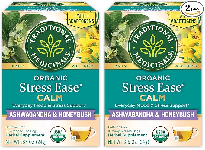 Traditional Medicinals Organic, Stress Ease Calm with Adaptogens, Ashwagandha & Honeybush - Promotes Relaxation - Kosher, Non-GMO, Caffeine-Free, Compostable - 16 Tea Bags (Pack of 2)