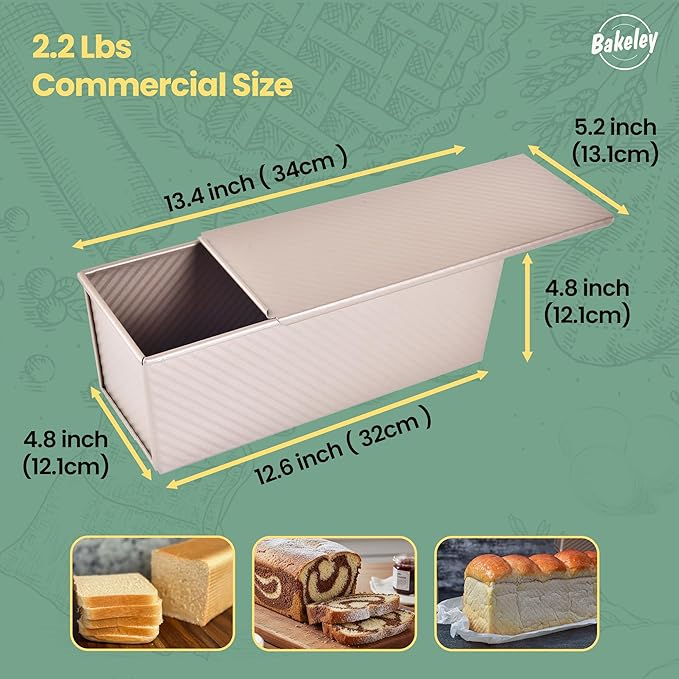 Commercial Pullman Loaf Pan with Lid, 2.2Lb Dough Capacity Non-Stick Rectangle Corrugated Carbon Steel Bread Toast Mold with Cover for Baking Bread (Champagne Gold)