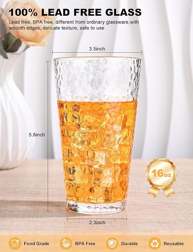 Drinking Glasses Set of 8,16oz Clear Highball Water Glasses,Stackable Lead-Free Hammered Glass Cups,Kitchen Drinkware Glassware for Cocktail,Beer,Juice,Iced Tea,Margaritas and Mixed Drinks