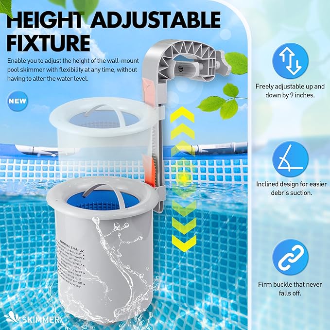 Above Ground Pool Surface Skimmer, Automatic Pool Skimmer for Top of Water, Wall Mount Surface Skimmer with Removable Skimmer Basket, Floating Pool Filter Pool Cleaning Maintenance Kit