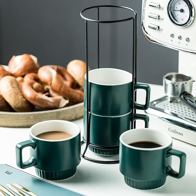 Stackable Coffee Mugs Set of 4 with Holder Spoons 11oz Ceramic Cappuccino Cups for Espresso Latte Tea Drinks, Dishwasher & Microwave Safe, Green
